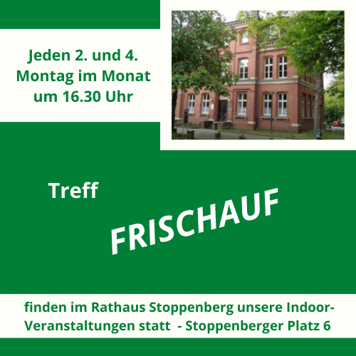 Banner zum Treff Frischauf jeden 2. und 4. Montag im Monat, mit Bild vom Rathaus Stoppenberg, Stoppenberger Platz 6