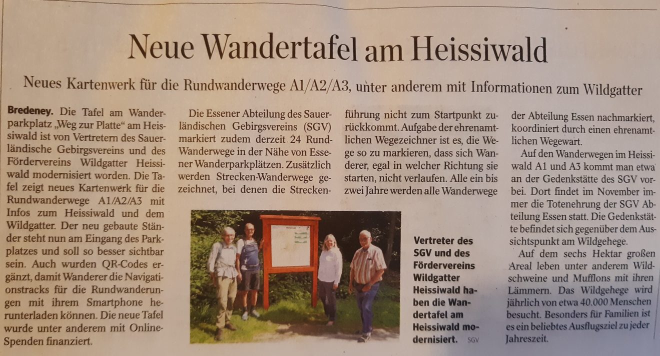 WAZ Artikel vom 21.07.2022: Neue Wandertafel am Heissiwald